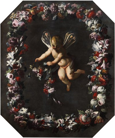 Putto with Dragonfly Wings in a Wreath of Flowers by attributed to Giovanni Stanchi Dei Fiori